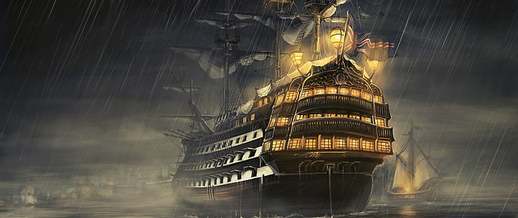 茶色の帆船、船、ウルトラワイド、描かれた、帆船、 HDデスクトップの壁紙 HD wallpaper