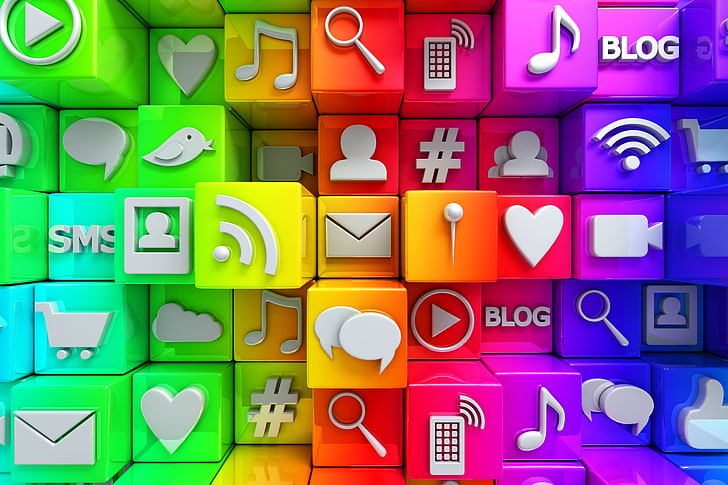 Разноцветные 3D обои, кубики, красочные, интернет, иконки, социальные сети, медиа, социальные, HD обои