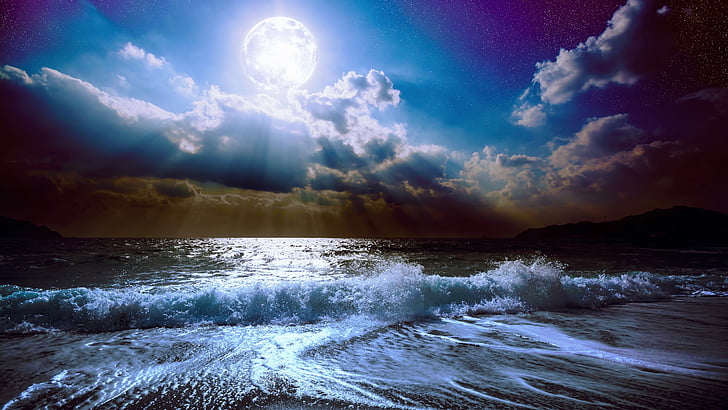 alam, langit, laut, gelombang, air, sinar bulan, samudra, horison, gelombang angin, langit malam, awan, tenang, berbintang, Wallpaper HD