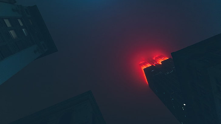 red lights, mist, night, skyscraper, red, lights, New York City, HD wallpaper