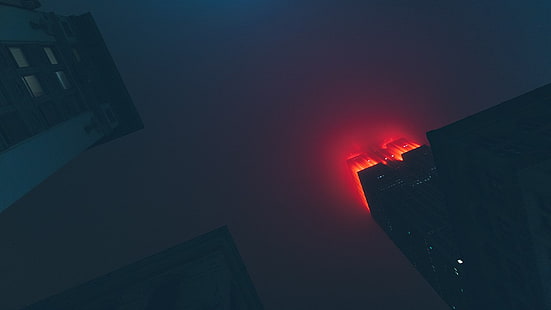 красные огни, туман, ночь, небоскреб, красный, огни, нью йорк, HD обои HD wallpaper