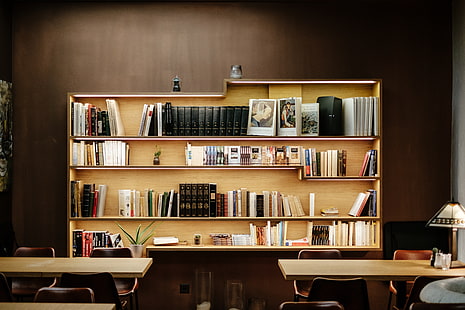 braunes hölzernes Regal mit 3 Schichten, Bibliothek, Haus, Schreibtisch, Bücher, Stuhl, HD-Hintergrundbild HD wallpaper