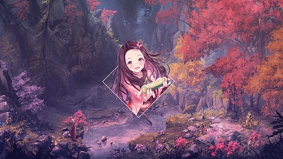 Anime, Anime-Mädchen, Kamado Nezuko, Kimetsu no Yaiba, Platinum Conception s, Bild-in-Bild, Photoshop, digitale Kunst, HD-Hintergrundbild HD wallpaper