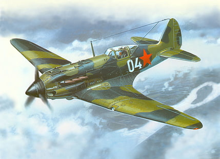 зеленый биплан, обои, небо, рисунок, истребитель, самолет, советский, высокий, раз, Вторая мировая война, МиГ - 3, HD обои HD wallpaper