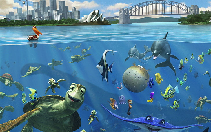 blue and white ceramic table decor, Finding Nemo, fish, turtle, sea, split view, Sydney Opera House, Disney, Pixar Animation Studios, animated movies, movies, HD wallpaper