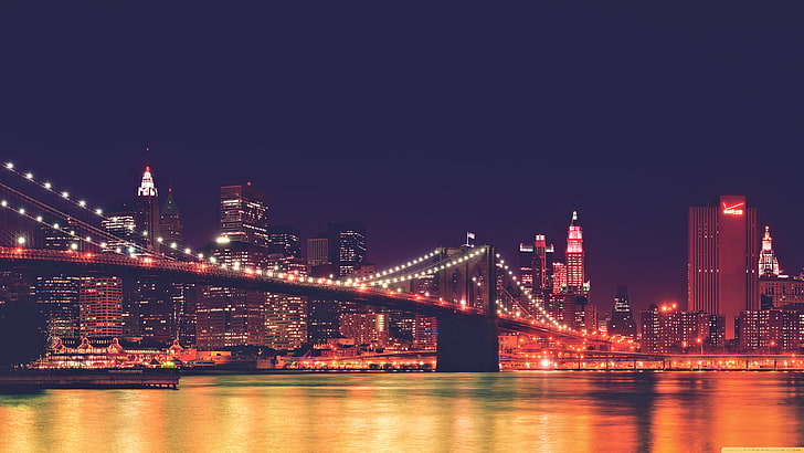 ponte nero, New York City, paesaggio urbano, Stati Uniti d'America, notte, Ponte di Brooklyn, paesaggio, Sfondo HD