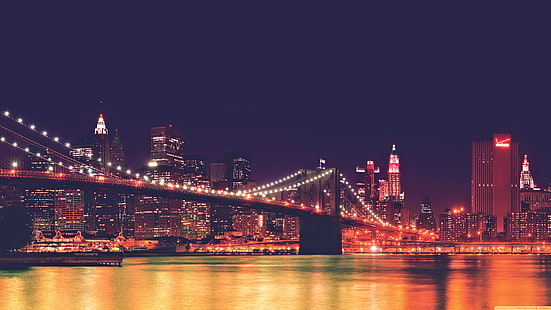 czarny most, Nowy Jork, pejzaż miejski, USA, noc, Brooklyn Bridge, krajobraz, Tapety HD HD wallpaper