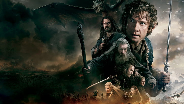 api, Pertempuran Lima Tentara, film, naga, Hobbit, pertempuran, Gandalf, pedang, fantasi, mage, Wallpaper HD