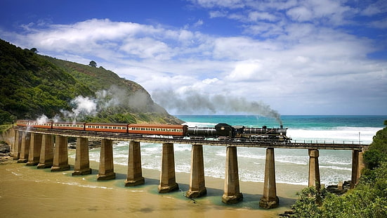 黒と赤の列車、自然、風景、鉄道、列車、木、メキシコ、橋、蒸気機関車、ほこり、海、丘、海岸、森林、柱、雲、波、地平線、 HDデスクトップの壁紙 HD wallpaper