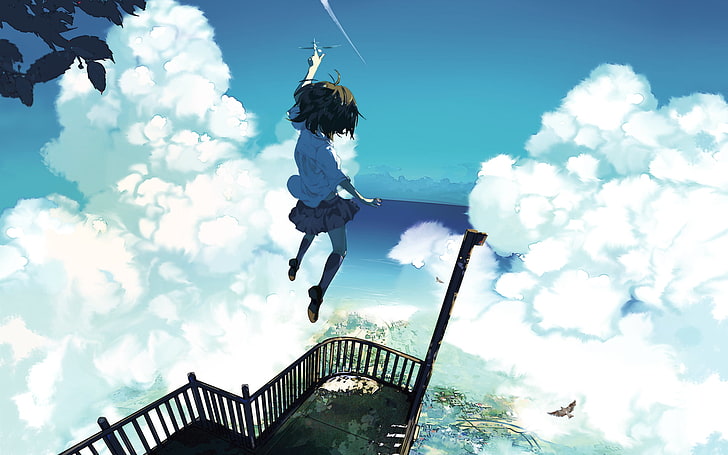 ученичка аниме илюстрация, кафява жена аниме корица, небе, аниме момичета, море, самолет, облаци, оригинални герои, височини, HD тапет