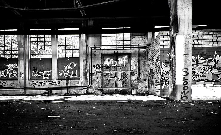 ailing, architecture, atmosphere, black white, black and white, break up, broken, building, contrast, dark, decay, destroyed, destruction, dilapidated, factory, factory building, forget, gloomy, graffiti, hall, hist, HD wallpaper