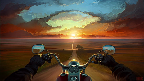 person riding motorcycle wallpaper, digital art, landscape, sunset, sky, road, painting, motorcycle, point of view, horizon, artwork, vehicle, biker, motorcyclist, mirror, reflection, HD wallpaper HD wallpaper