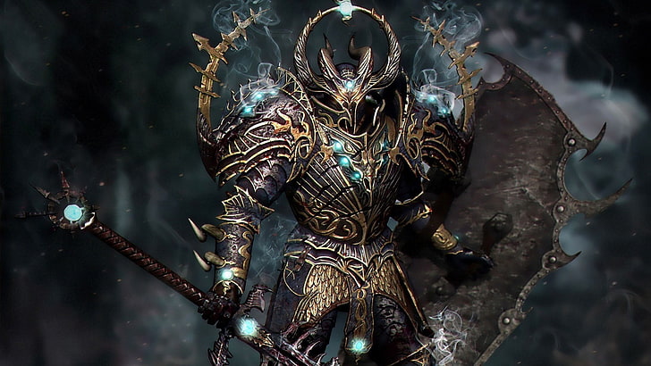 Ilustración de guerrero blindado, Warhammer, Hordas del Caos, Fondo de pantalla HD