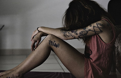 kobiety, modelka, tatuaż, siedząca, Tapety HD HD wallpaper