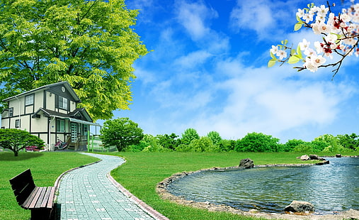 Dreamscape Sommer, braune hölzerne Parkbank, Jahreszeiten, Sommer, Dreamscape, HD-Hintergrundbild HD wallpaper