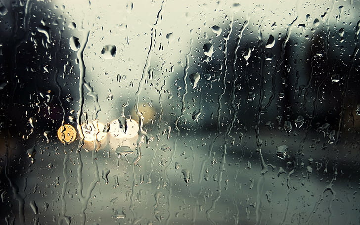 дождь, стекло, вода на стекле, боке, глубина резкости, фары, капли воды, фонари, HD обои
