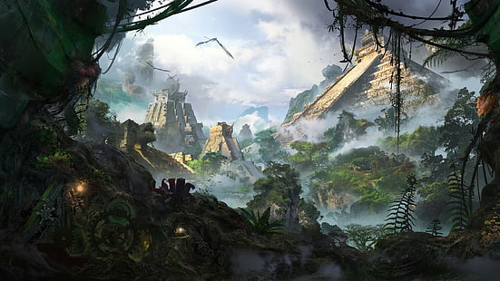 świątynia, dżungla, grafika, sztuka fantasy, Tapety HD HD wallpaper