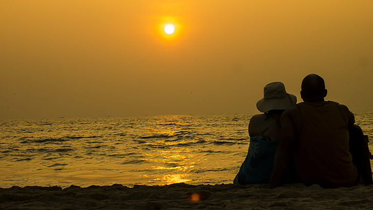 Man and woman sitting in beach side during dusk, goa, india, goa, india, Goa, India, Beach, Sunset  Man, Man and woman, dusk, sunset  yellow, orange  people, couple, romantic, beautiful, honeymoon, date, NGC, creativecommons, sunset, sea, people, nature, outdoors, men, vacations, HD wallpaper