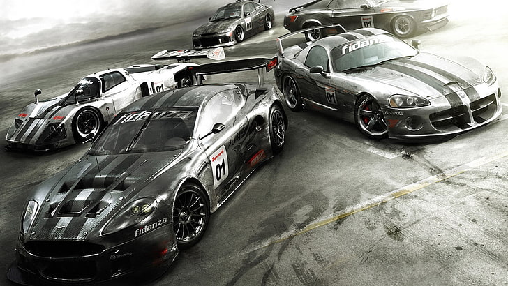 black and grey Dodge Viper; black and grey Austin Martin Vantage; grey and black Ford Mustang, car, muscle cars, grid, Grid 2, Race Driver: GRID, race cars, Le Mans Prototype, Aston Martin DBR9, Aston Martin, Nissan, Ford, Mazda, Dodge Viper SRT10, mazda 787b, Nissan Silvia S14, Ford Mustang, HD wallpaper