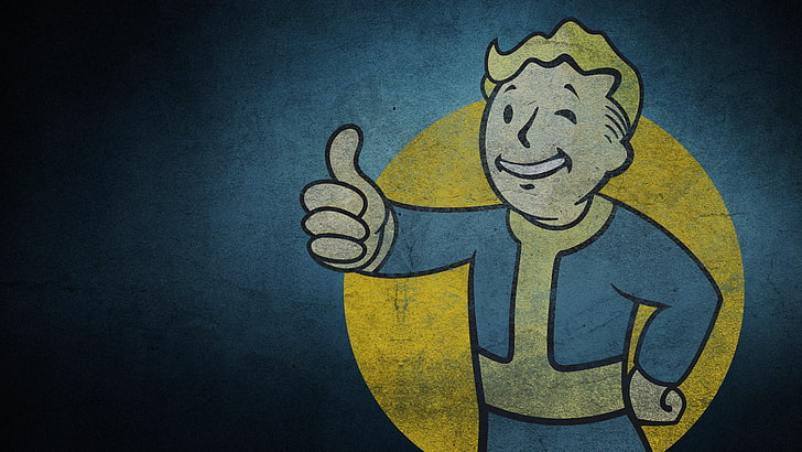 мъж в синя илюстрация на яке, мъж, облечен в синьо-жълт костюм, подаващ ръка, палци нагоре, Vault Boy, Fallout, Fallout 3, видео игри, палци, HD тапет
