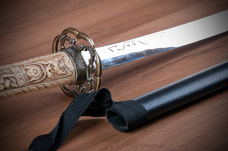 espada de mango marrón con vaina negra, patrón, Japón, espada, arte, Katana, brazo, Fondo de pantalla HD