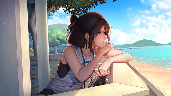 braunes haar frau illustration, anime, anime girls, strand, sommer, kamera, kanon, brünette, HD-Hintergrundbild HD wallpaper
