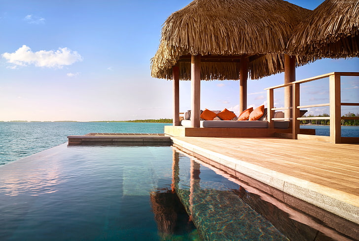resort, travel, The best hotel pools 2017, Bora Bora, pool, Four Seasons Resort, tourism, sea, ocean, vacation, HD wallpaper