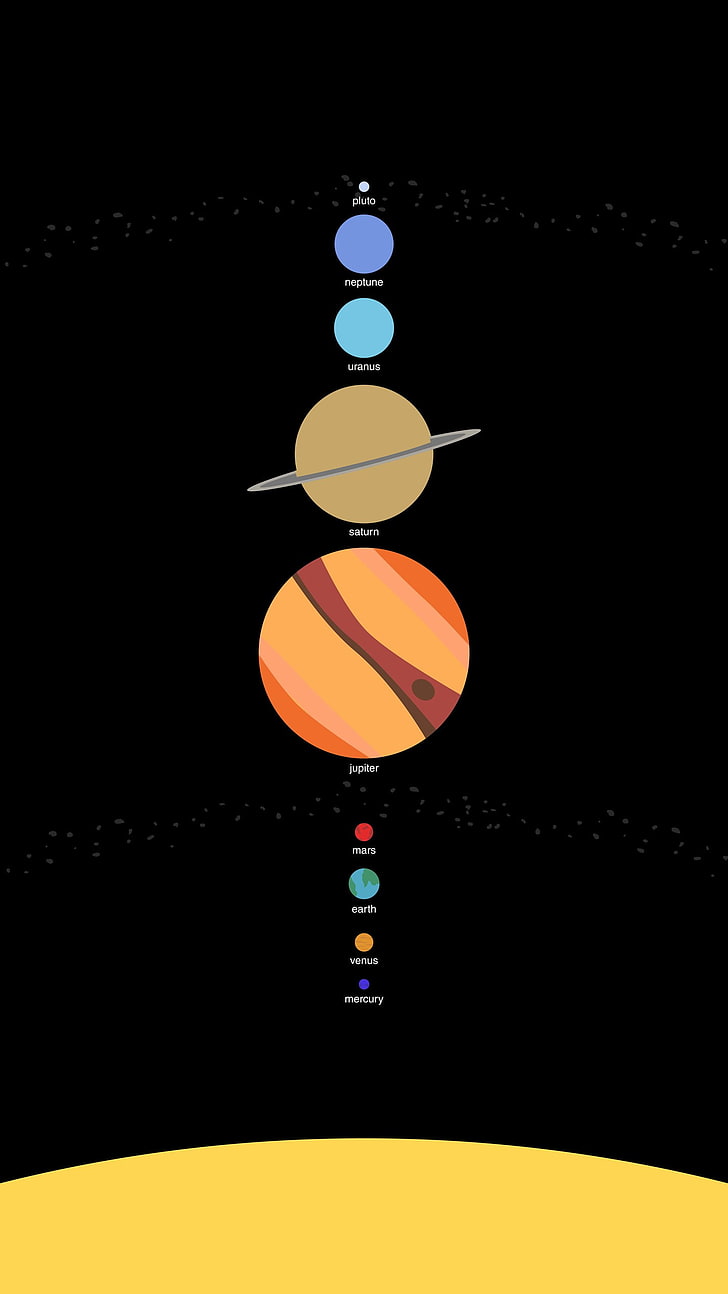 ilustracja układu słonecznego, sztuka cyfrowa, wszechświat, przestrzeń, sztuka kosmiczna, planeta, Układ Słoneczny, Słońce, Merkury, Wenus, Ziemia, Mars, Jowisz, Saturn, Uran, Neptun, Pluton, czarne tło, wyświetlanie portretów, asteroida, Tapety HD, tapety na telefon
