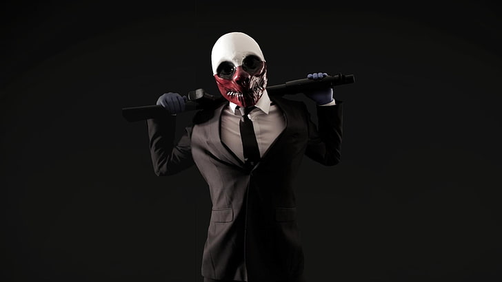 мъжко черно яке за костюм, Payday: The Heist, видео игри, маска, вратовръзка, костюми, семпъл фон, черен фон, HD тапет