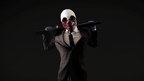 мужской черный пиджак, Payday: The Heist, видеоигры, маска, галстук, костюмы, простой фон, черный фон, HD обои HD wallpaper