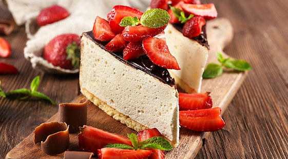 strawberries, Cheesecake, fruit, sweets, food, cake, mint leaves, HD wallpaper HD wallpaper