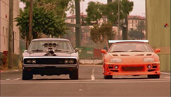 two red and black cars, VIN Diesel, Paul Walker, The Fast and the Furious, Dominic Toretto, Brian O'Conner, HD wallpaper HD wallpaper