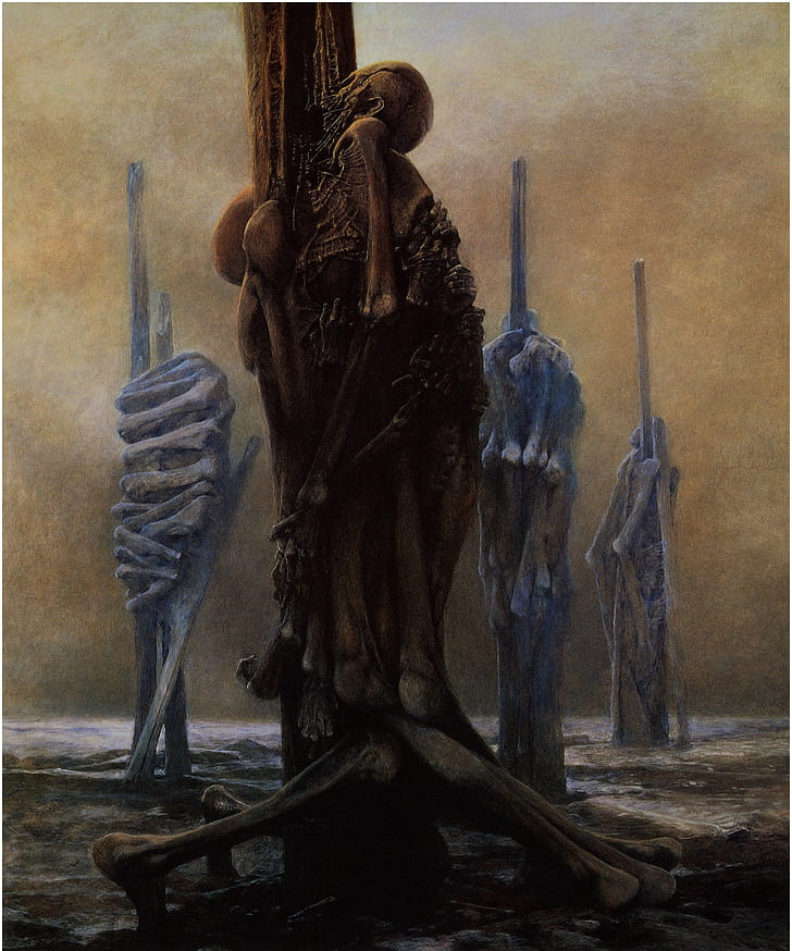 Zdzisław Beksiński, произведение на изкуството, тъмно, скелети, висящи заедно, човешки скелет на илюстрация на публикация, zdzisław beksiński, произведения на изкуството, тъмно, скелети, висящи заедно, HD тапет, тапет за телефон