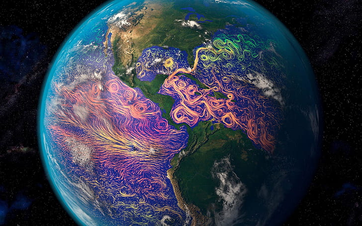 Planet, Festland, Südamerika, Nordamerika, Satellitengrafiken, Meeresströmungen, HD-Hintergrundbild