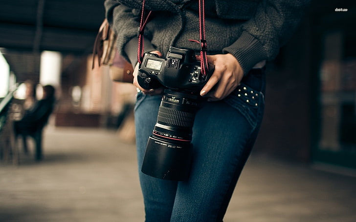black DSLR camera, camera, Canon, jeans, depth of field, women, HD wallpaper