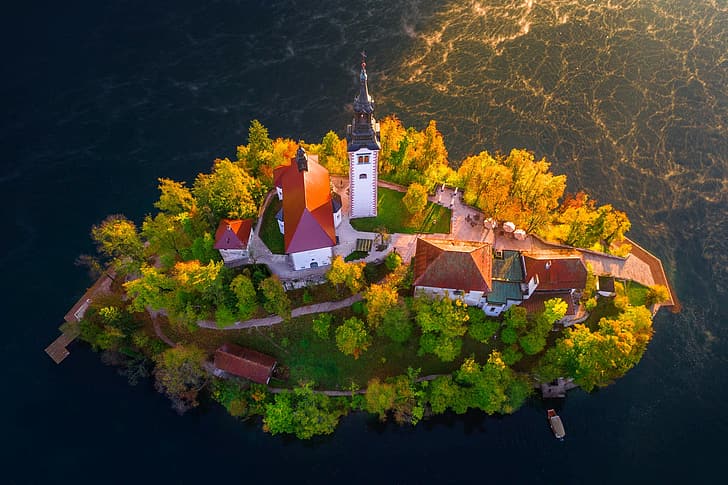 trees, landscape, nature, lake, home, Church, island, Slovenia, Bled, Valentin Valkov, HD wallpaper