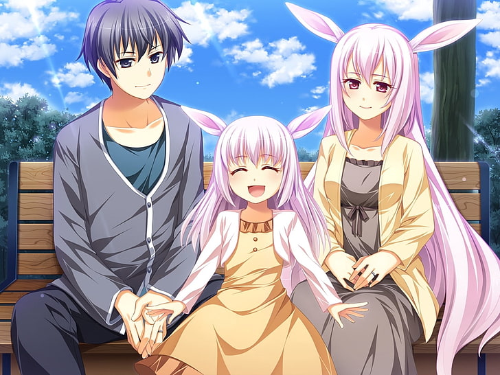 pink haired with rabbit ears woman sitting beside man anime character digital wallpaper, otomimi infinity, kusahara hanemi, girl, boy, child, bench, happiness, HD wallpaper