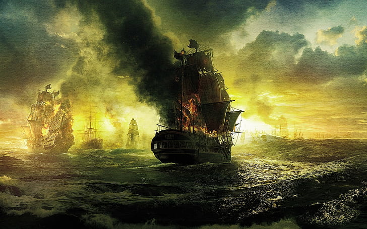 viejo barco, barco, fuego, ilustraciones, mar, velero, Fondo de pantalla HD