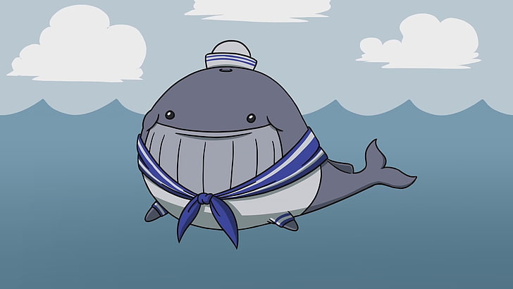 whale illustration, digital art, minimalism, whale, sailor, scarf, hat, waves, water, clouds, sea, HD wallpaper