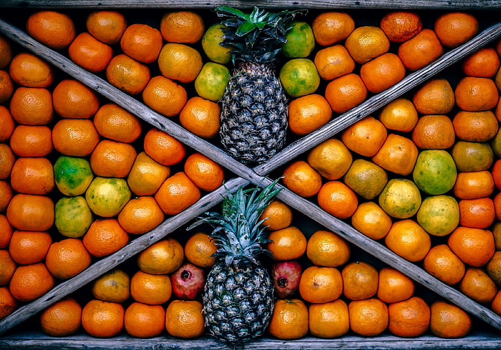 abundance, bunch, citrus, close up, colorful, crops, delicious, display, frame, fresh, fruits, green, grow, healthy, juicy, market, orange, pineapples, red, stall, store, tangerine, variety, HD wallpaper