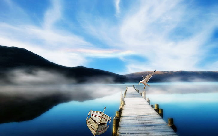 Mist On The Lake, brown wooden dock, blue, lake, mist, boat, fantasy, 3d and abstract, HD wallpaper