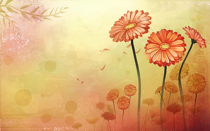 ilustracja czerwone kwiaty, kwiaty, rumianek, łodyga, wektor, Tapety HD