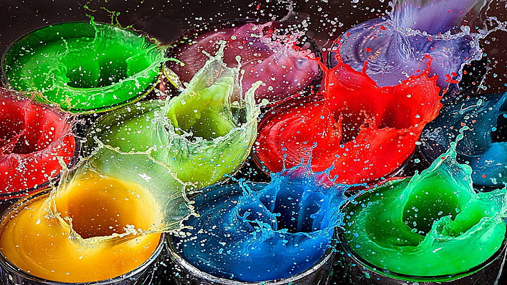 colors, splash, droplets, colorful, drops, squirt, liquid, multicolor, paint, HD wallpaper