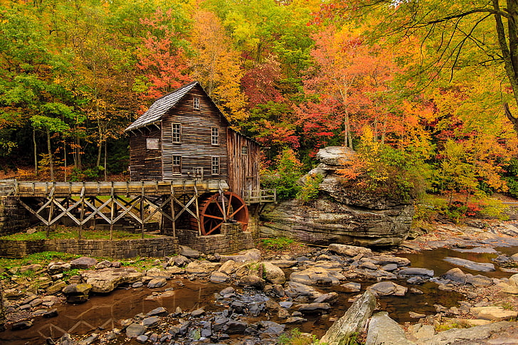 Herbst, USA, Babcock State Park, Wassermühle, New River Gorge, Grafschaft Fayette, West Virginia, HD-Hintergrundbild
