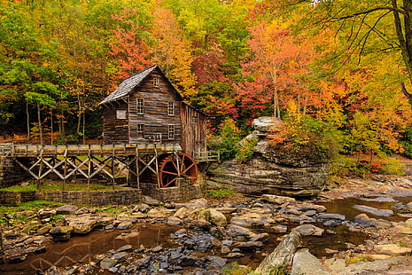 الخريف ، الولايات المتحدة الأمريكية ، حديقة بابكوك الحكومية ، طاحونة المياه ، نيو ريفر جورج ، مقاطعة فاييت ، فيرجينيا الغربية، خلفية HD HD wallpaper