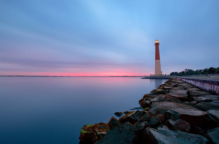 white and red lighthouse beside calm body of water, Calm Before the Storm, morning, sailors, warning, white, red, body of water, Barnegat Lighthouse, Barnegat Light, Old, Barney, Barnegat  New Jersey, Long Beach Island, Jersey Shore, Atlantic Coast, Lighthouses, New Jersey, American, Barnegat Inlet, colorful, SOE, lighthouse, sea, tower, coastline, beacon, sky, famous Place, HD wallpaper