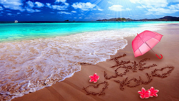 je t'aime, amour, coeur, parapluie, soleil, bord de mer, sable, art, Fond d'écran HD