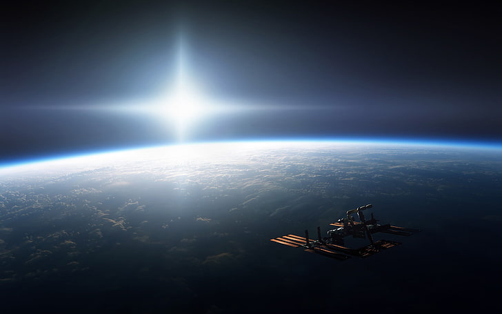 space photography of earth, photography, International Space Station, ISS, space, Earth, Sun, horizon, space station, CGI, digital art, space art, HD wallpaper