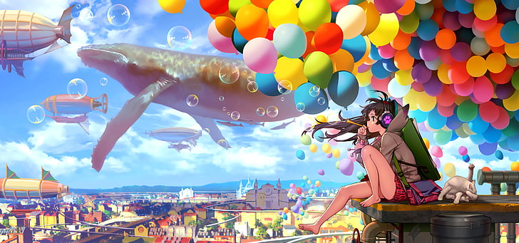 разноцветные воздушные шары иллюстрация, небо, кошка, девушка, облака, шары, город, пузыри, дома, аниме, наушники, арт, ничего, catteeth, HD обои