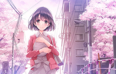 katou megumi, héroïne saenai no sodatekata, fleur de sakura, bâtiments, anime, Fond d'écran HD HD wallpaper
